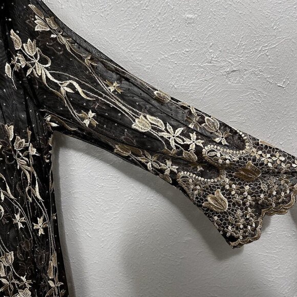 VTG 90s Vonda D’s Black Cream Floral Sheer Mesh Jacket Open Front Beaded Size L - Picture 5 of 12
